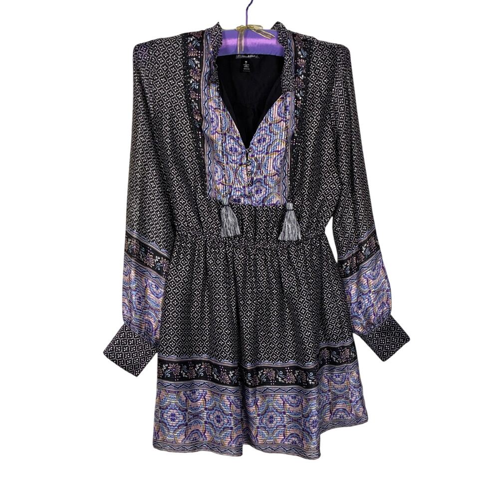 AQUA mini dress Large long sleeve tasseled tie front Boho Peasant Flirty Fairy